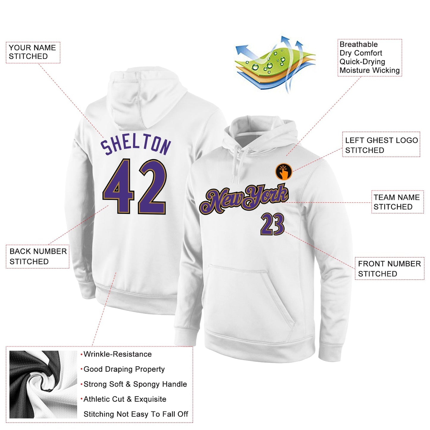 Custom Stitched White Purple-Old Gold Sports Pullover Sweatshirt Hoodie view 2