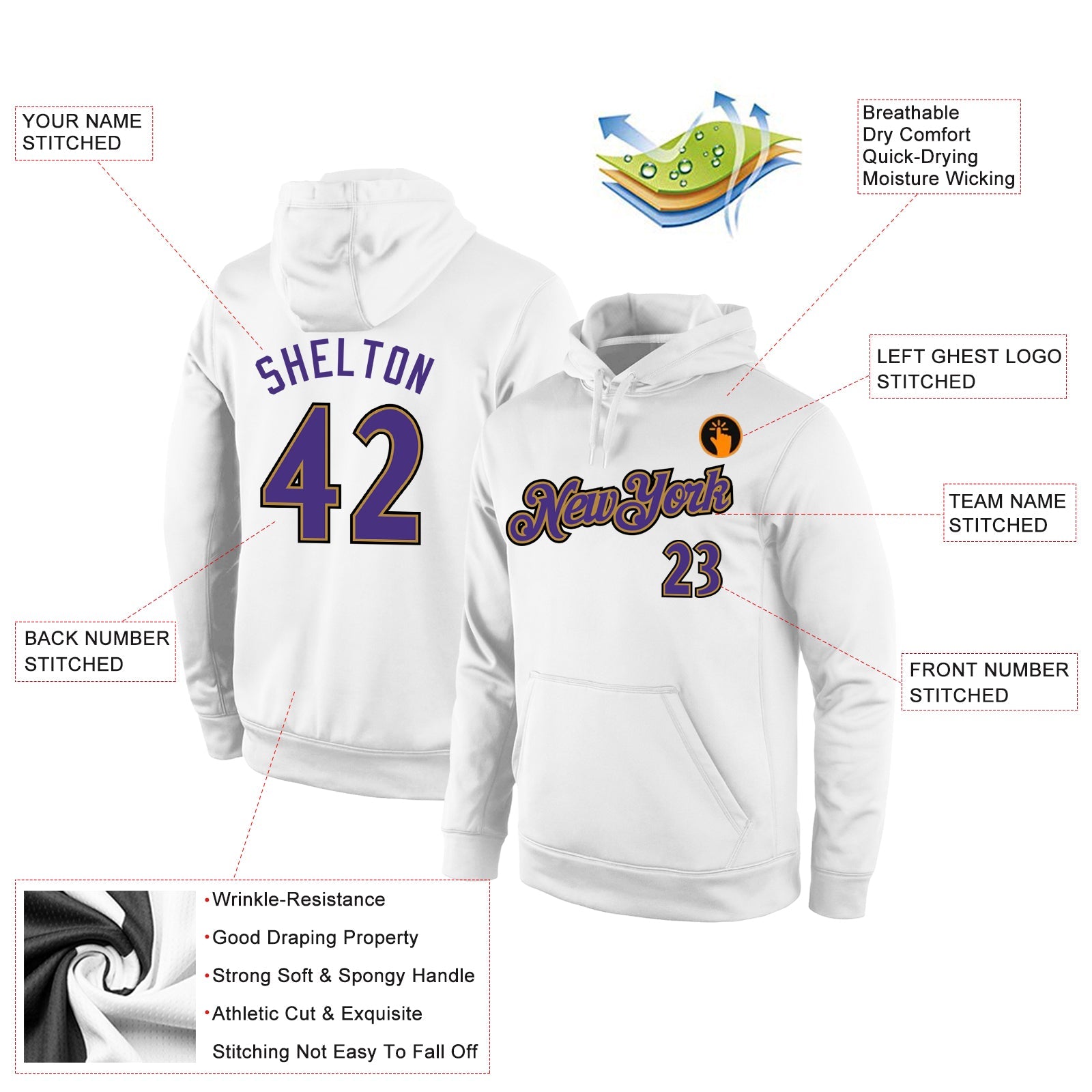 Custom Stitched White Purple-Old Gold Sports Pullover Sweatshirt Hoodie view 2
