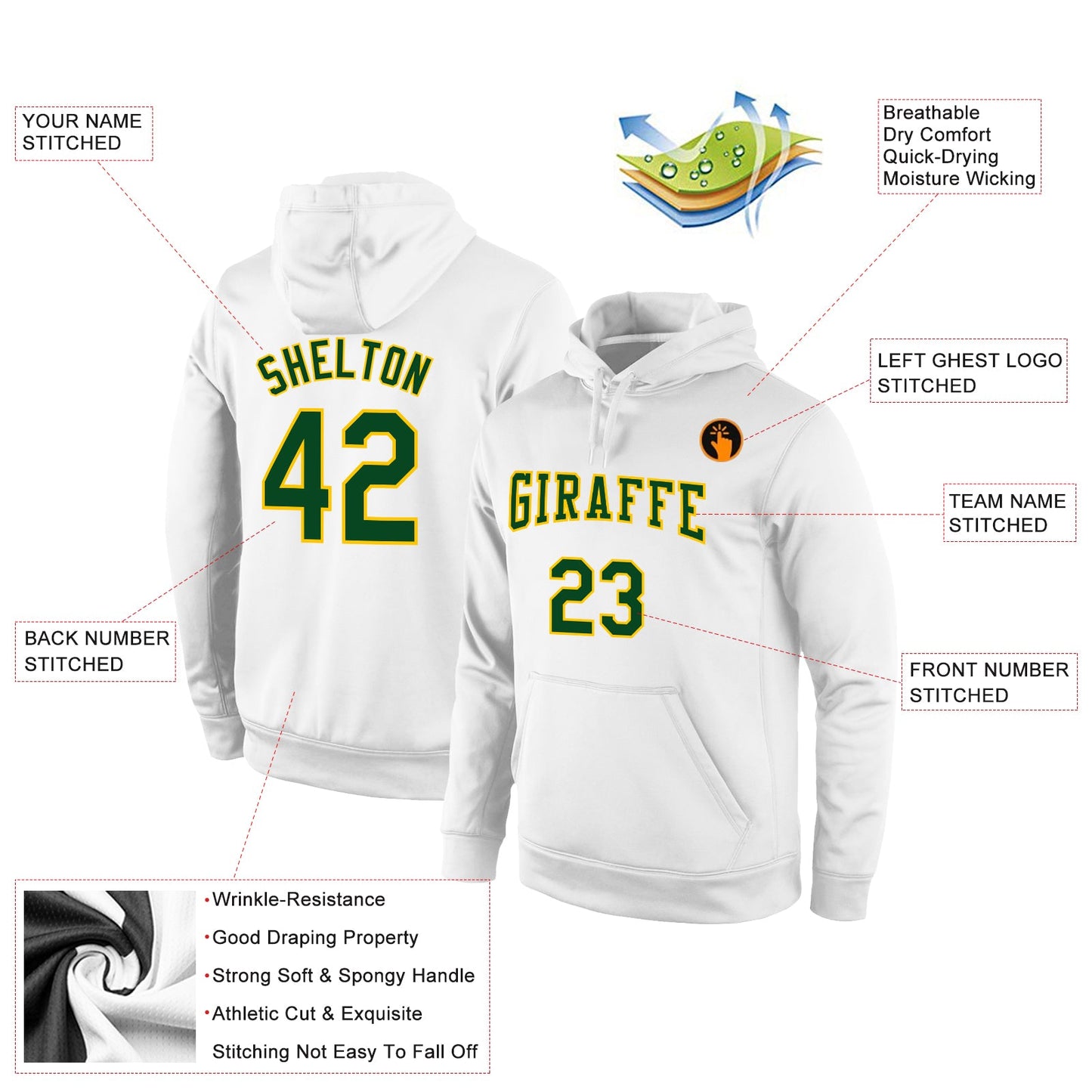 Custom Stitched White Green-Gold Sports Pullover Sweatshirt Hoodie view 2