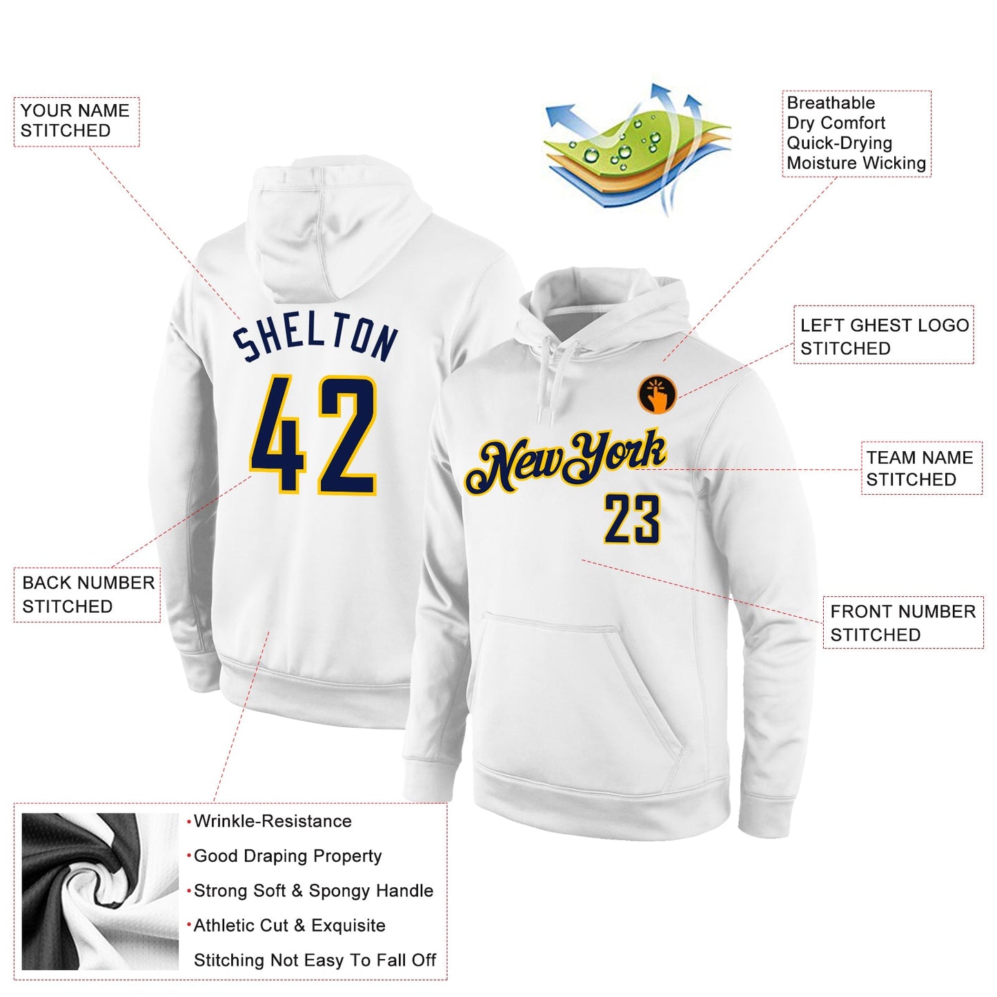 Custom Stitched White Navy-Gold Sports Pullover Sweatshirt Hoodie view 2