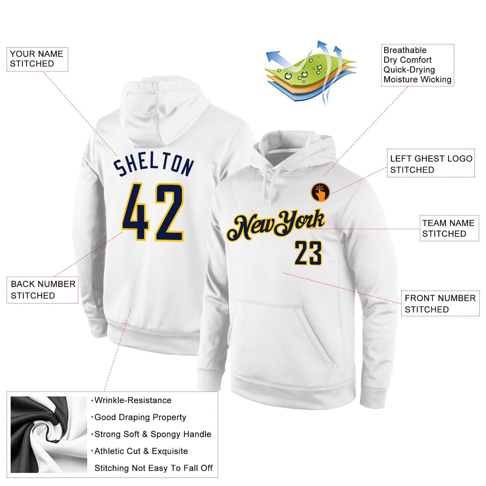 Custom Stitched White Navy-Gold Sports Pullover Sweatshirt Hoodie view 2