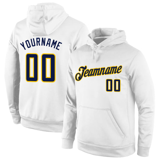 Custom Stitched White Navy-Gold Sports Pullover Sweatshirt Hoodie - Main View