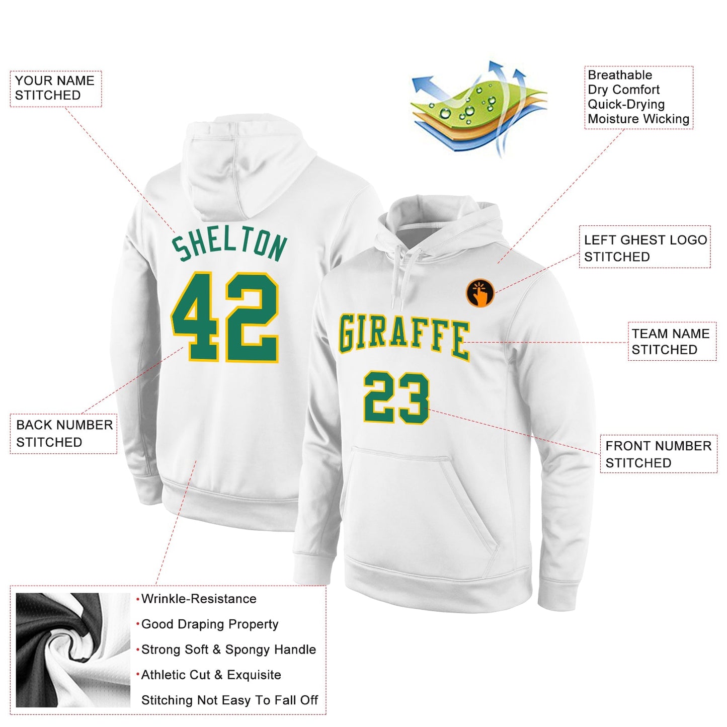 Custom Stitched White Kelly Green-Gold Sports Pullover Sweatshirt Hoodie view 2