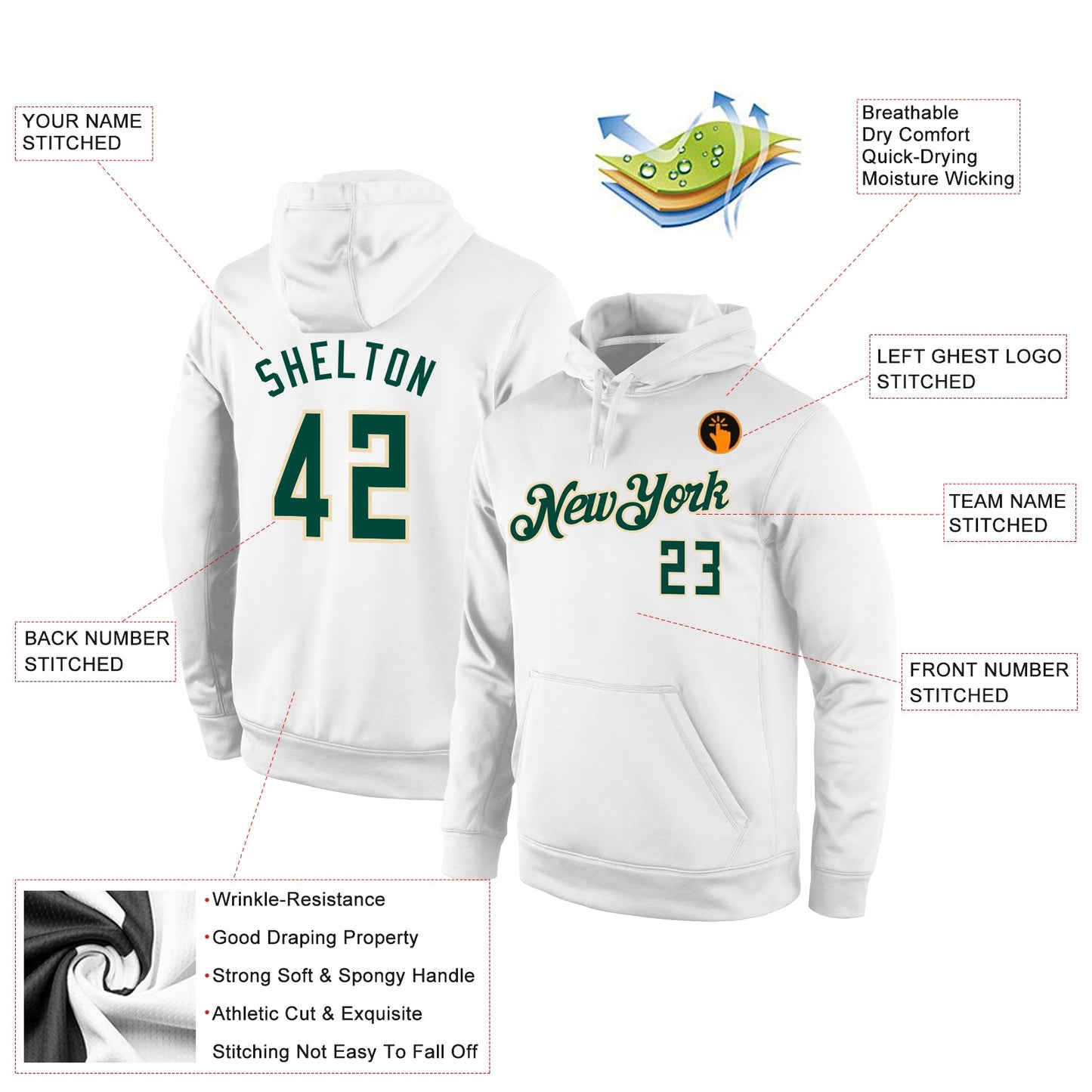 Custom Stitched White Hunter Green-Cream Sports Pullover Sweatshirt Hoodie view 2