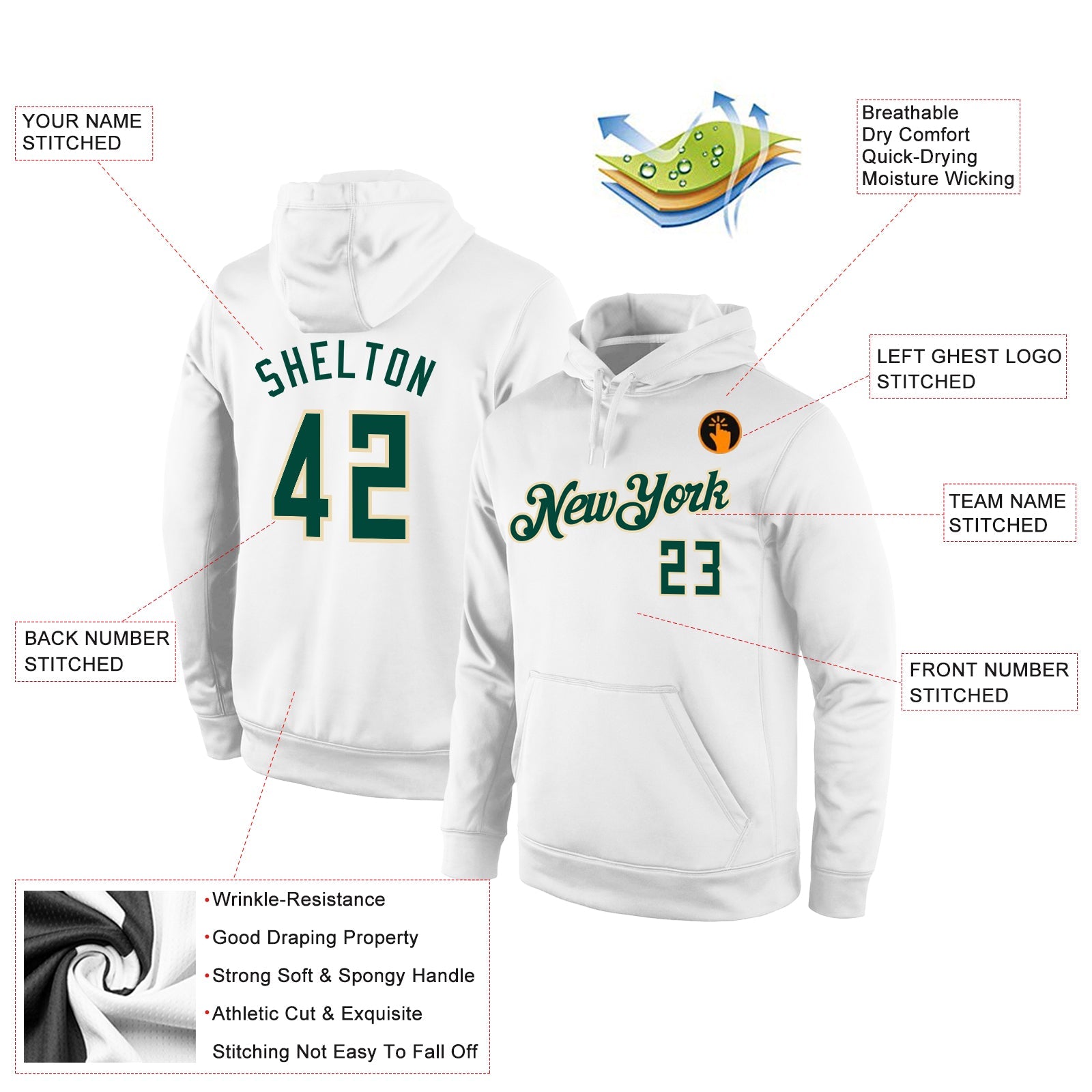 Custom Stitched White Hunter Green-Cream Sports Pullover Sweatshirt Hoodie view 2