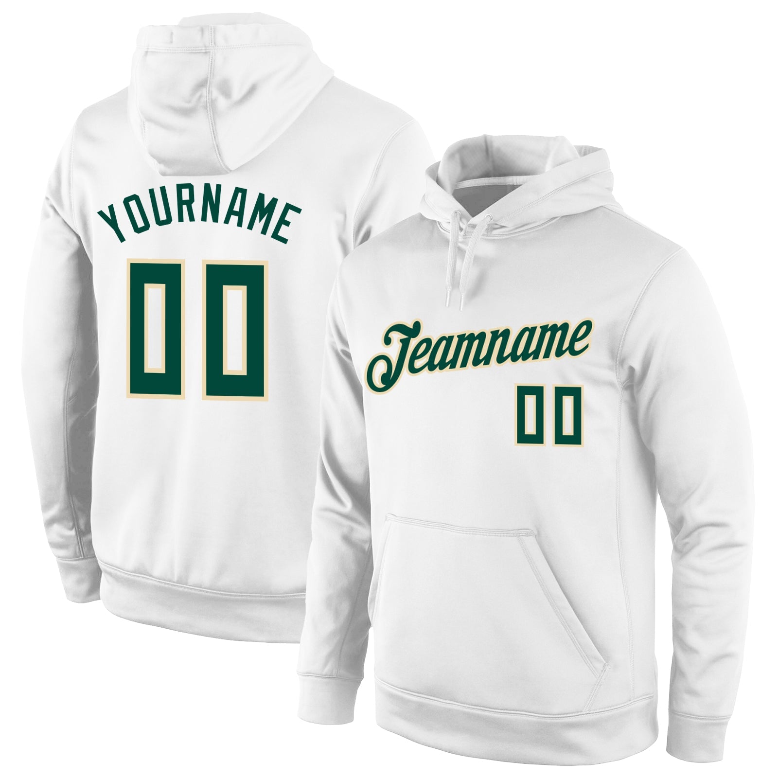 Custom Stitched White Hunter Green-Cream Sports Pullover Sweatshirt Hoodie - Main View