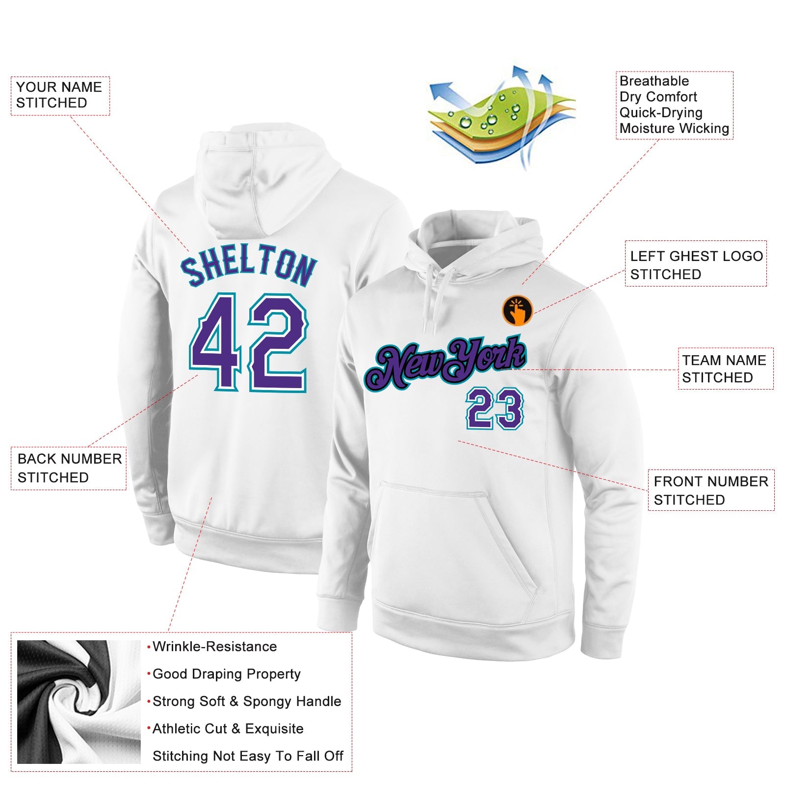 Custom Stitched White Purple-Teal Sports Pullover Sweatshirt Hoodie view 2