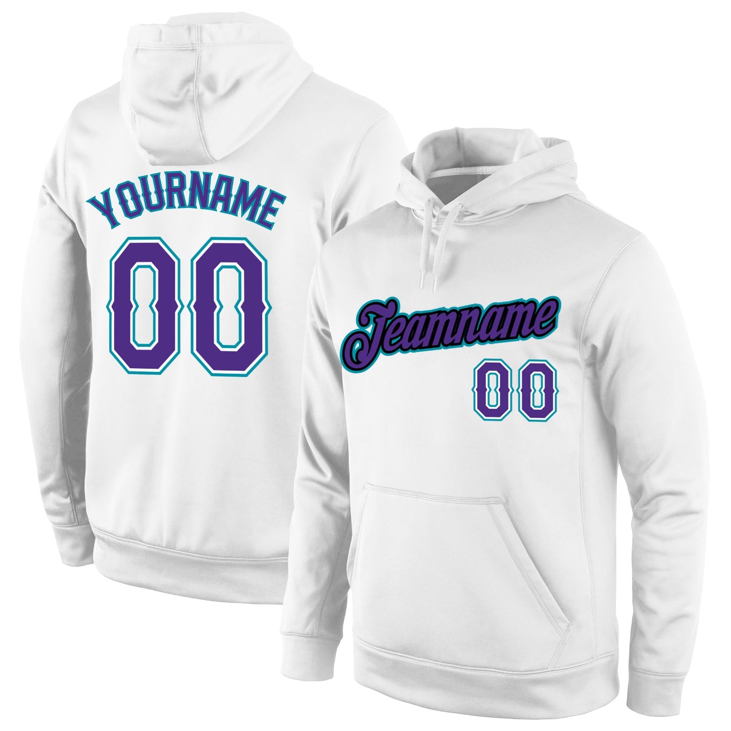 Custom Stitched White Purple-Teal Sports Pullover Sweatshirt Hoodie - Main View