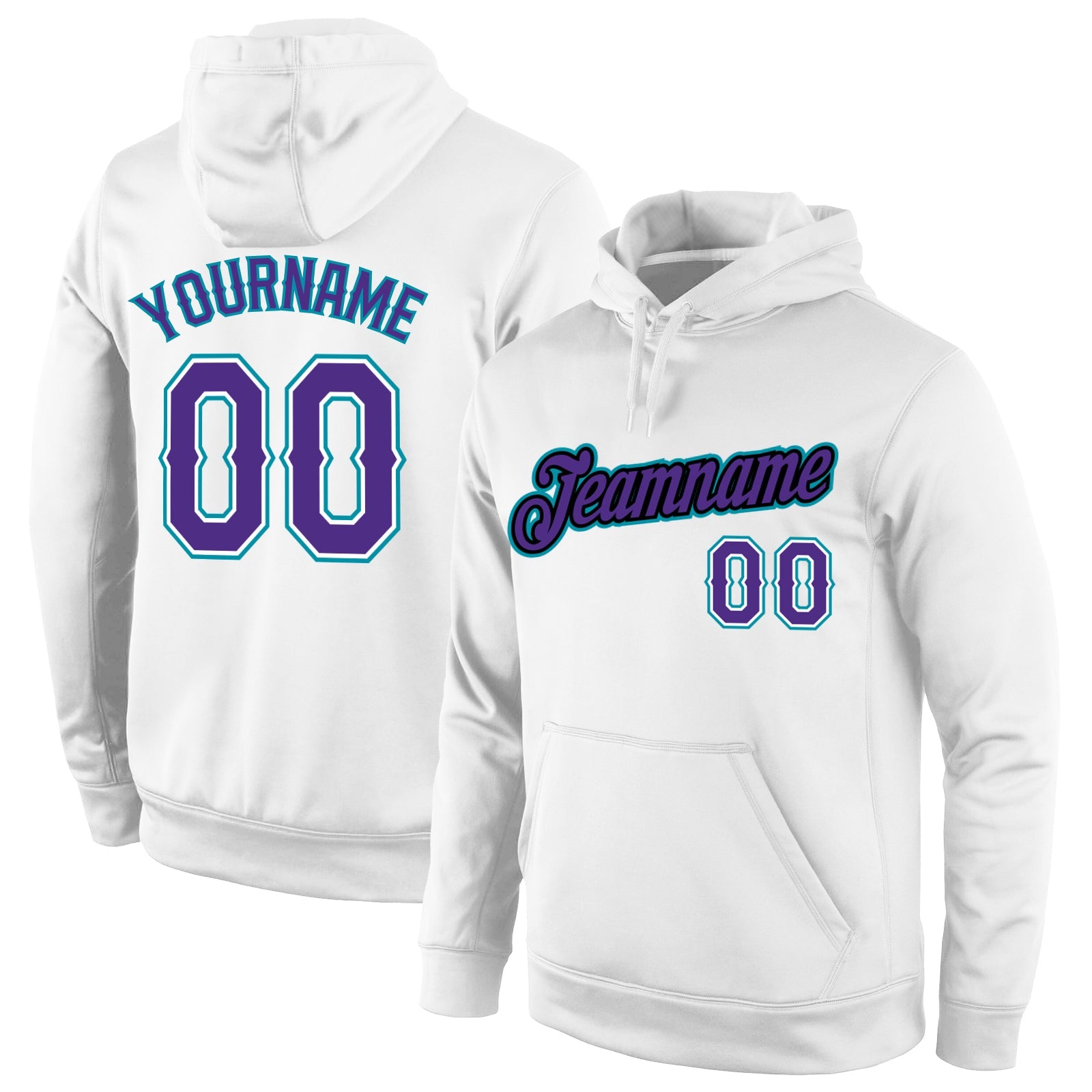 Custom Stitched White Purple-Teal Sports Pullover Sweatshirt Hoodie - Main View
