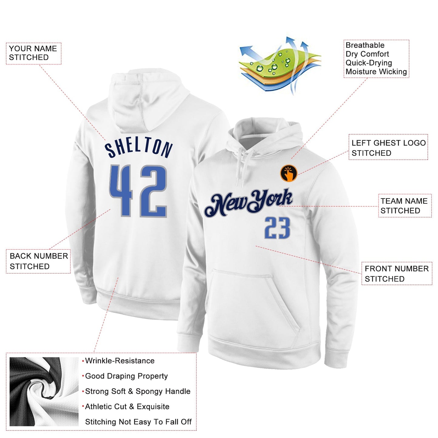 Custom Stitched White Blue-Navy Sports Pullover Sweatshirt Hoodie view 2