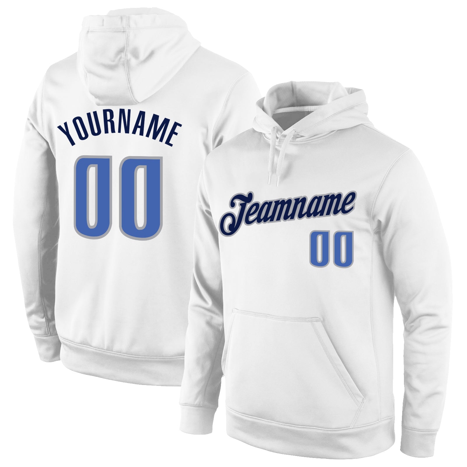 Custom Stitched White Blue-Navy Sports Pullover Sweatshirt Hoodie - Main View