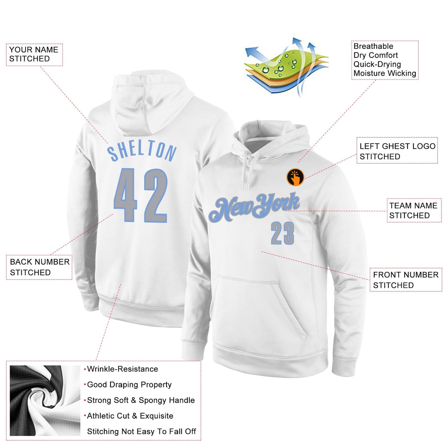 Custom Stitched White Gray-Light Blue Sports Pullover Sweatshirt Hoodie view 2