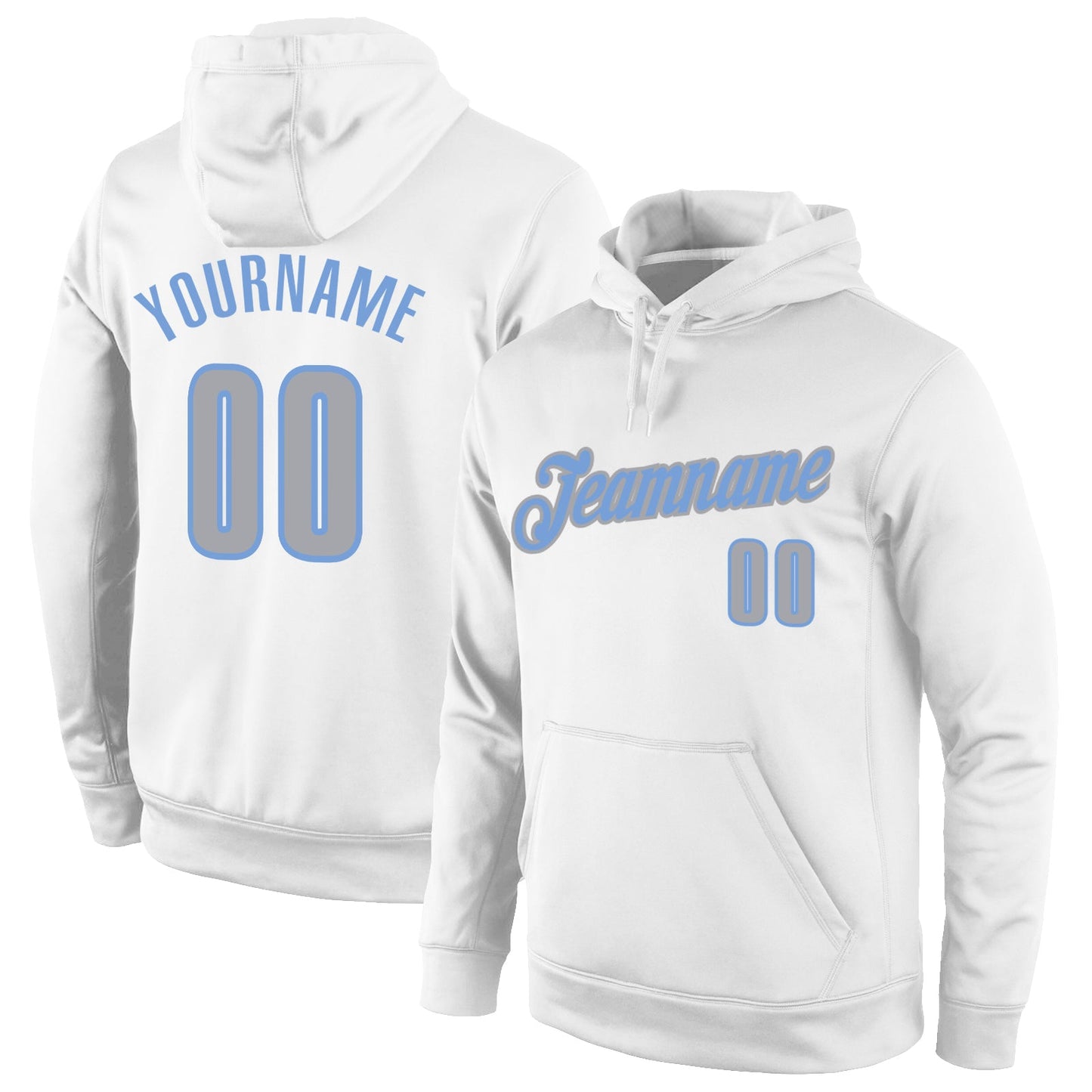 Custom Stitched White Gray-Light Blue Sports Pullover Sweatshirt Hoodie - Main View