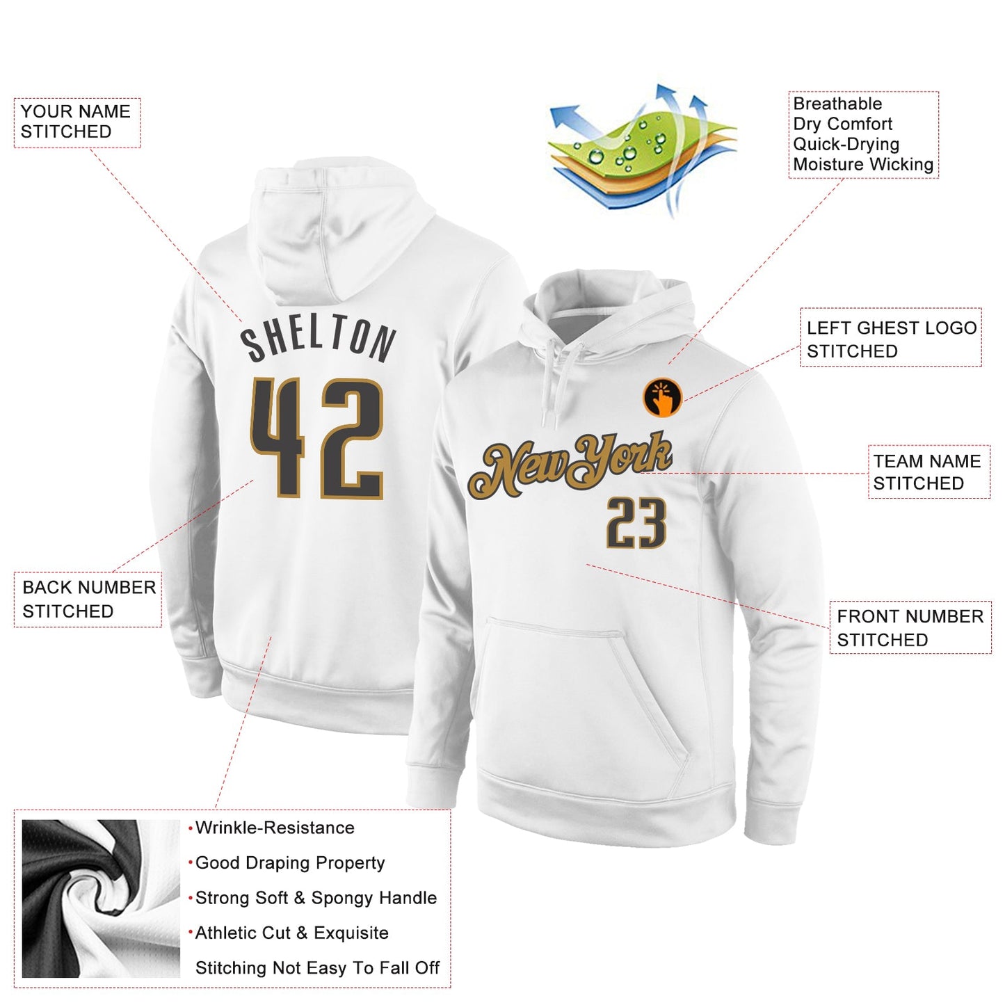 Custom Stitched White Steel Gray-Old Gold Sports Pullover Sweatshirt Hoodie view 2