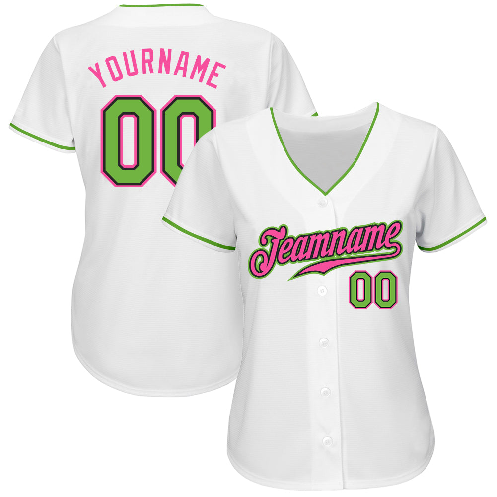 Custom White Neon Green-Pink Authentic Baseball Jersey view 2