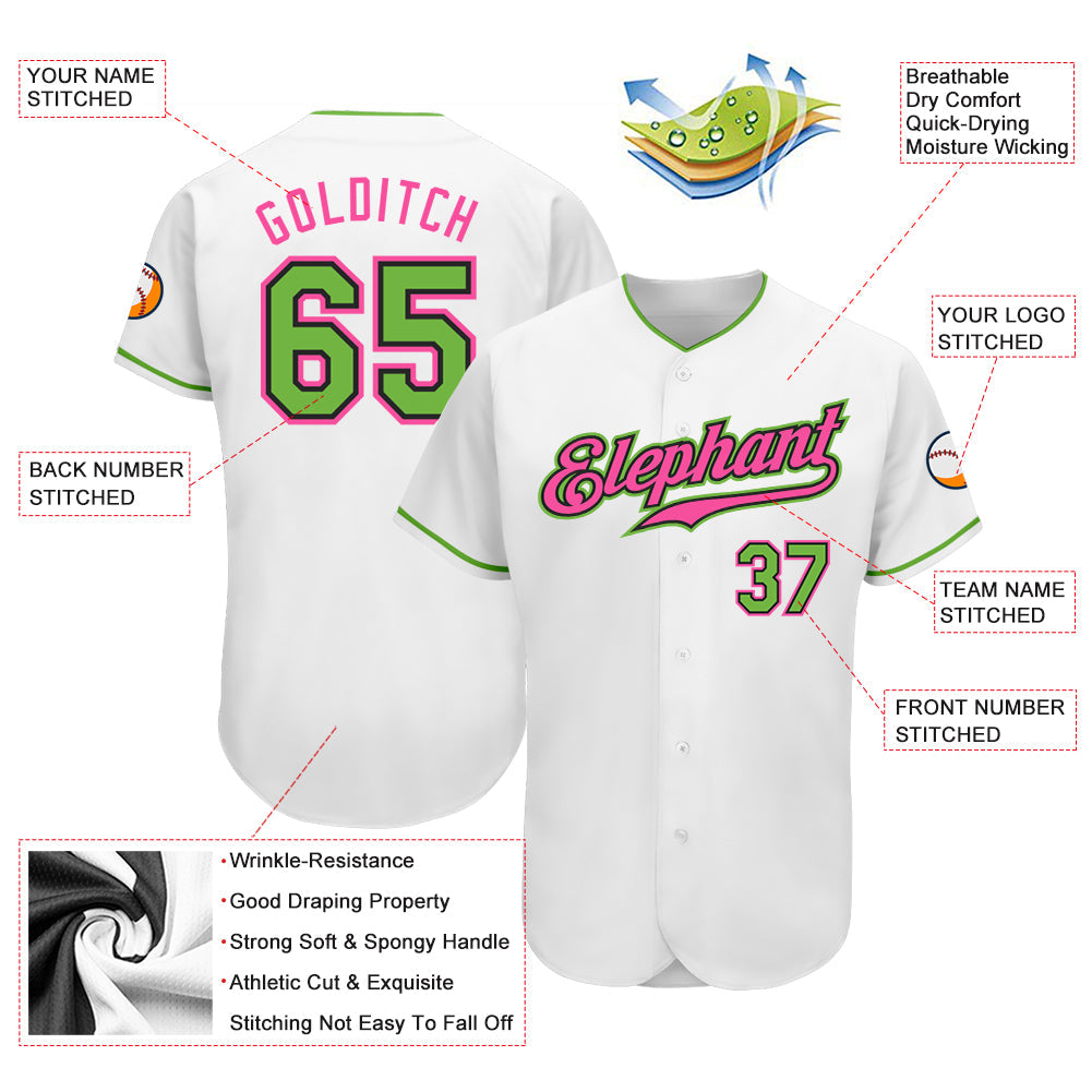 Custom White Neon Green-Pink Authentic Baseball Jersey view 3