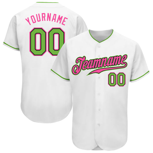 Custom White Neon Green-Pink Authentic Baseball Jersey - Main View