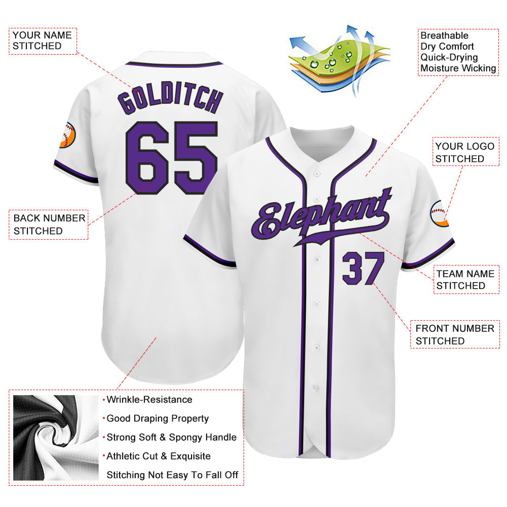 Custom White Purple-Black Authentic Baseball Jersey view 3