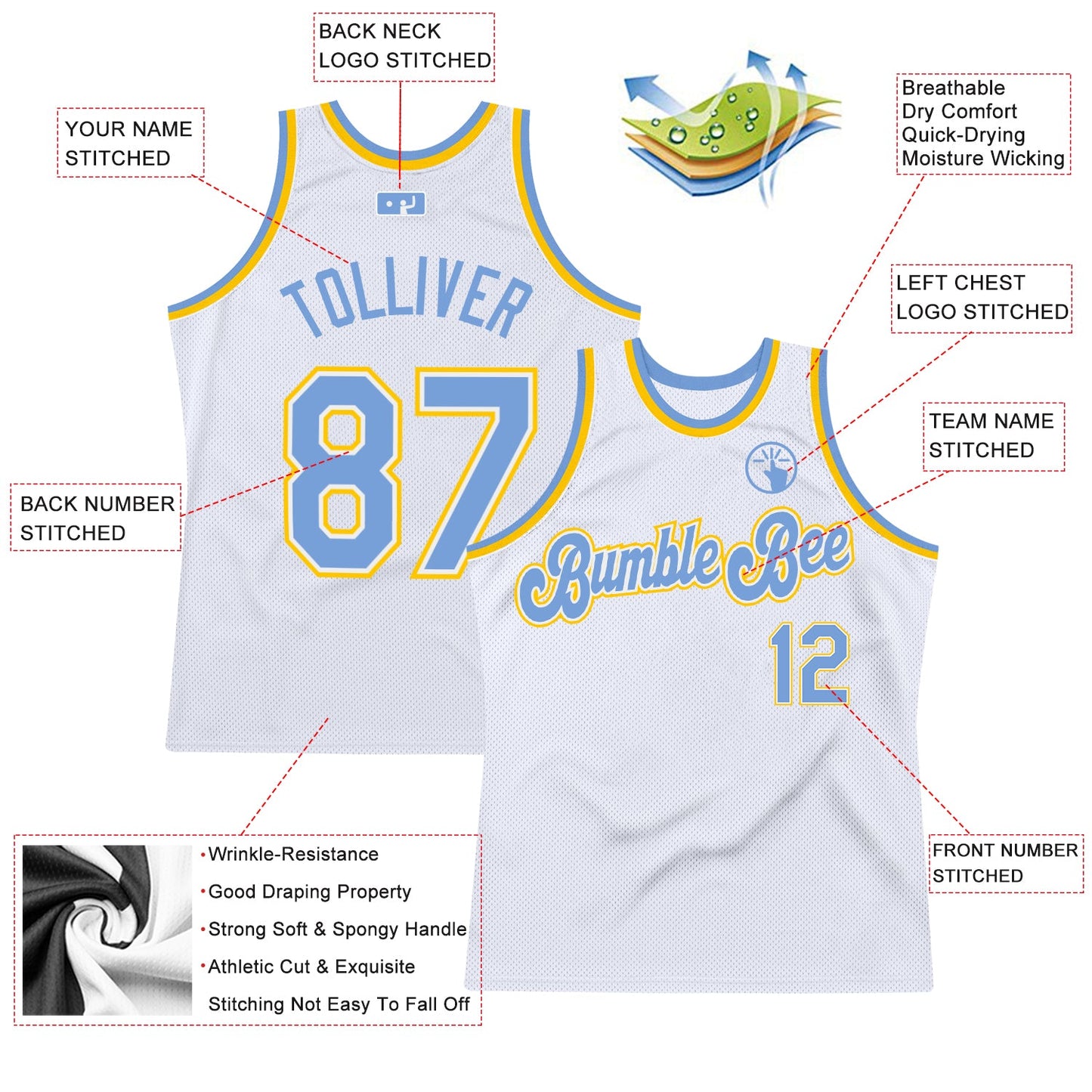 Custom White Light Blue-Gold Authentic Throwback Basketball Jersey view 2