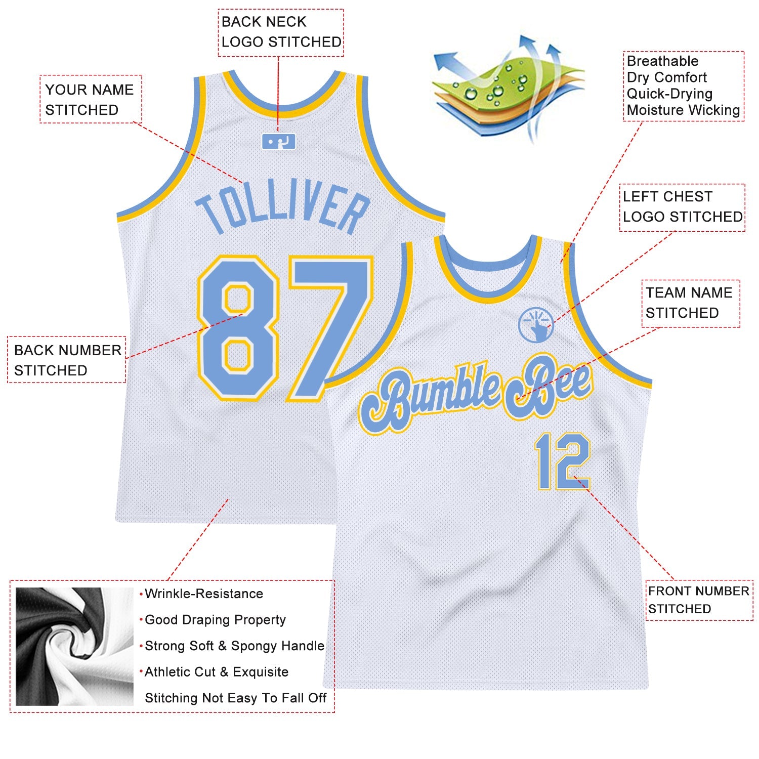 Custom White Light Blue-Gold Authentic Throwback Basketball Jersey view 2