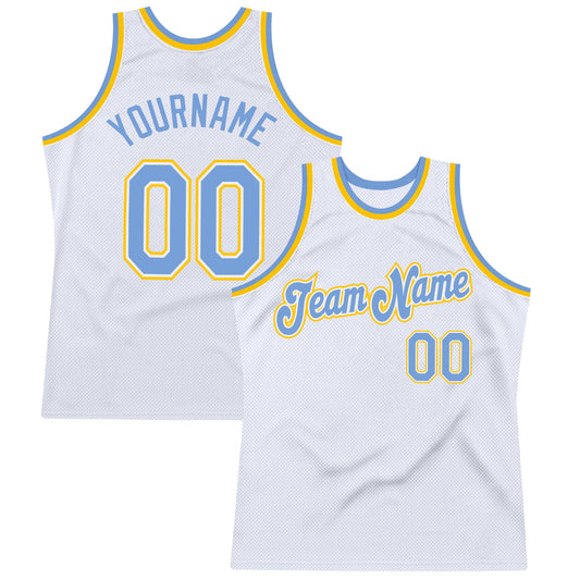Custom White Light Blue-Gold Authentic Throwback Basketball Jersey - Main View