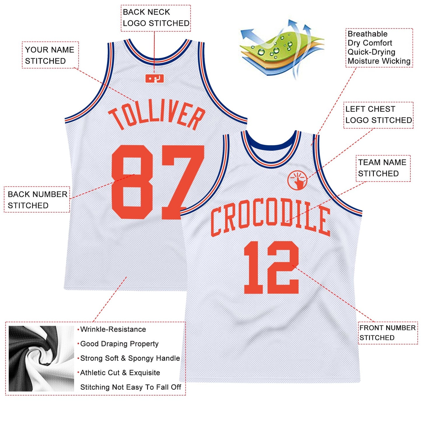 Custom White Orange-Royal Authentic Throwback Basketball Jersey view 2