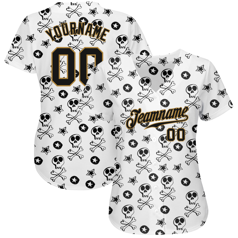 Custom White Black-Old Gold 3D Skull Fashion Authentic Baseball Jersey view 2