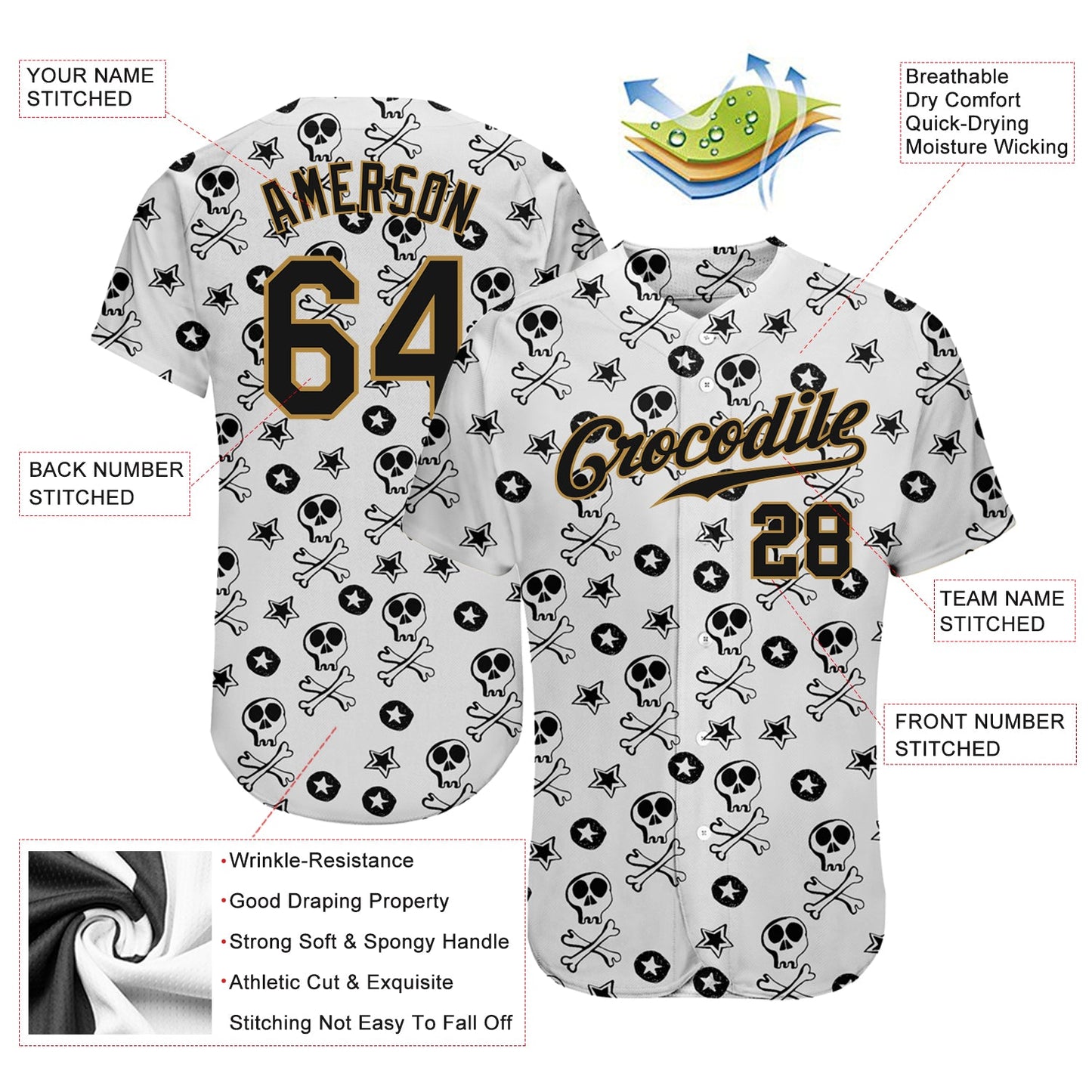 Custom White Black-Old Gold 3D Skull Fashion Authentic Baseball Jersey view 3