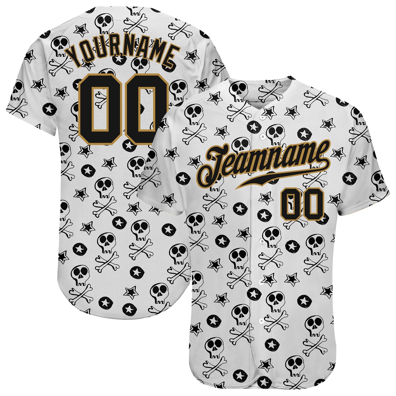 Custom White Black-Old Gold 3D Skull Fashion Authentic Baseball Jersey - Main View