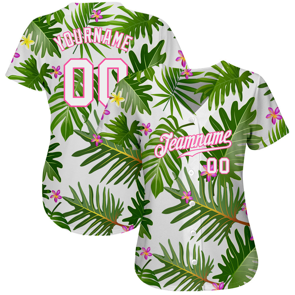 Custom White White-Pink 3D Pattern Design Tropical Palm Leaves Authentic Baseball Jersey view 2