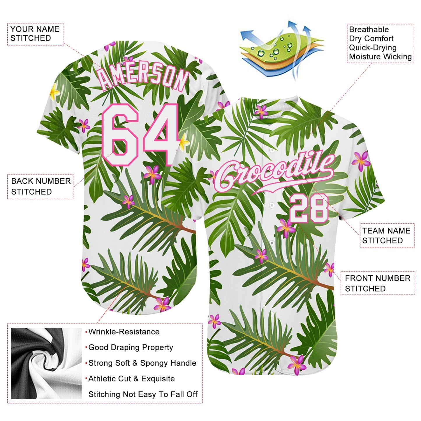 Custom White White-Pink 3D Pattern Design Tropical Palm Leaves Authentic Baseball Jersey view 3