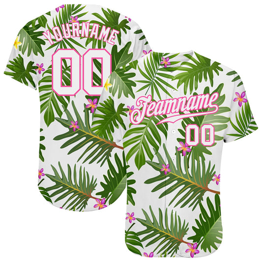 Custom White White-Pink 3D Pattern Design Tropical Palm Leaves Authentic Baseball Jersey - Main View