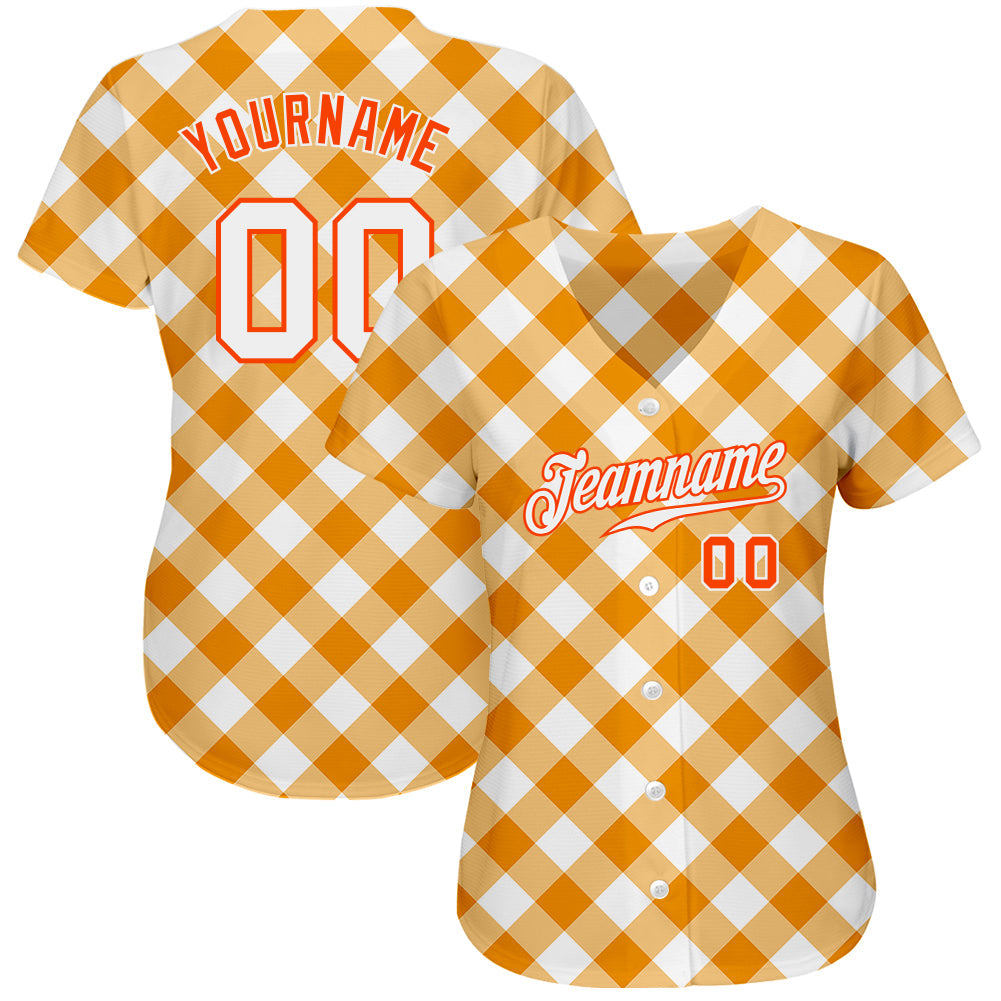Custom White White-Orange 3D Pattern Design Orange Plaid Authentic Baseball Jersey view 2