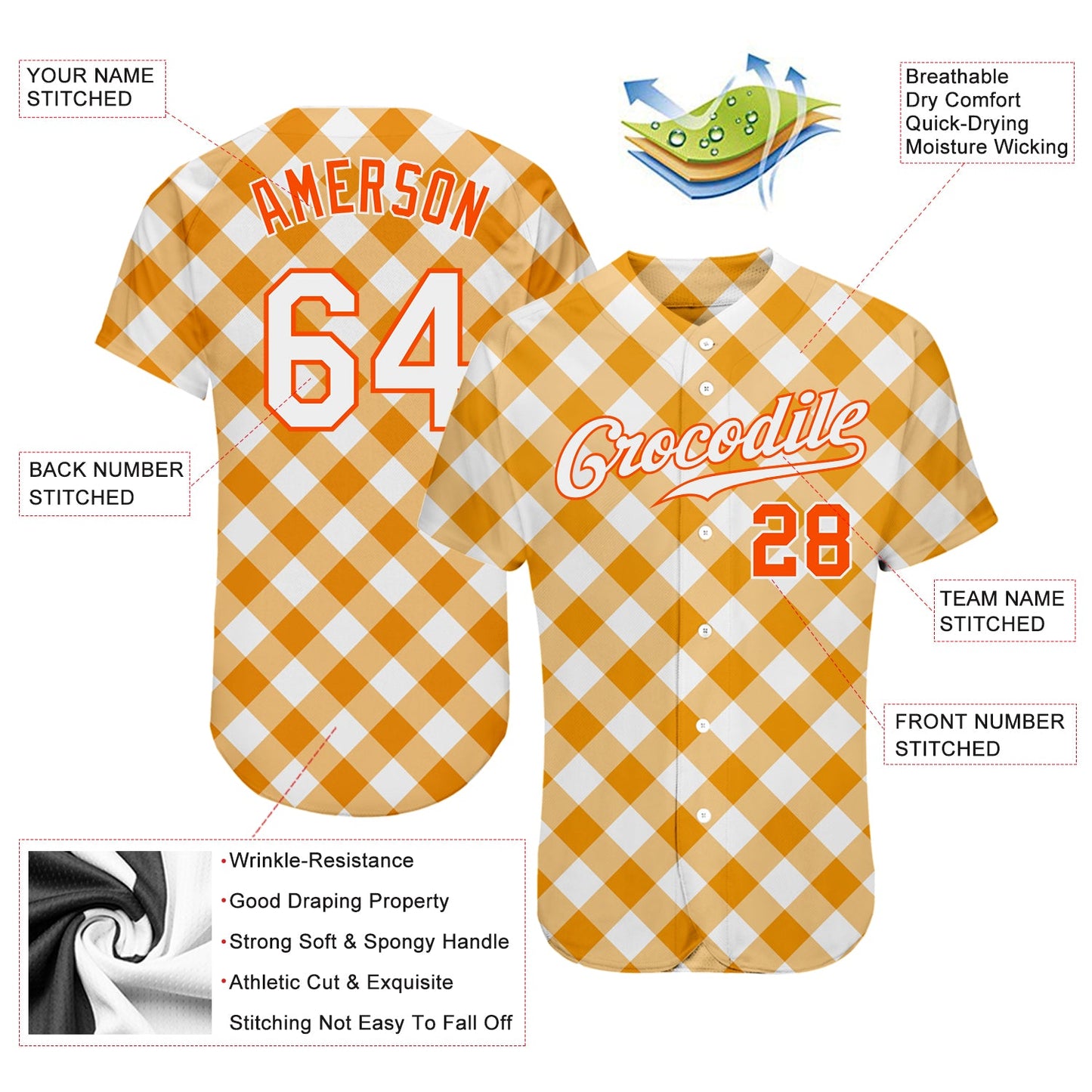 Custom White White-Orange 3D Pattern Design Orange Plaid Authentic Baseball Jersey view 3