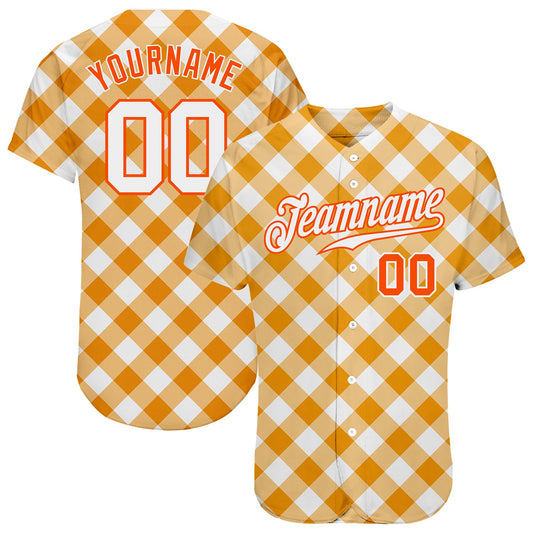 Custom White White-Orange 3D Pattern Design Orange Plaid Authentic Baseball Jersey - Main View