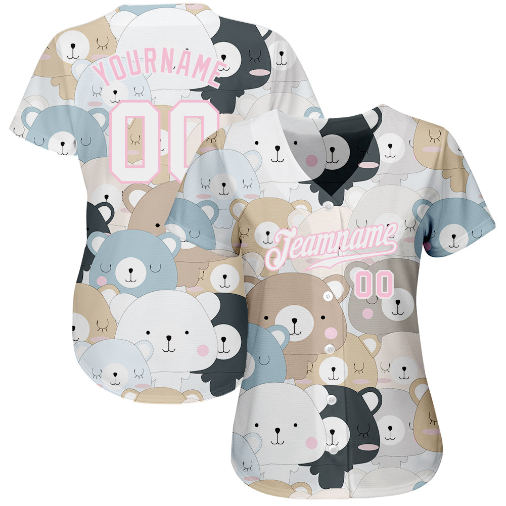Custom White White-Light Pink 3D Pattern Design Teddy Bears Authentic Baseball Jersey view 2