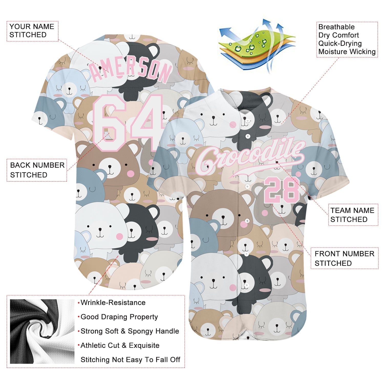 Custom White White-Light Pink 3D Pattern Design Teddy Bears Authentic Baseball Jersey view 3