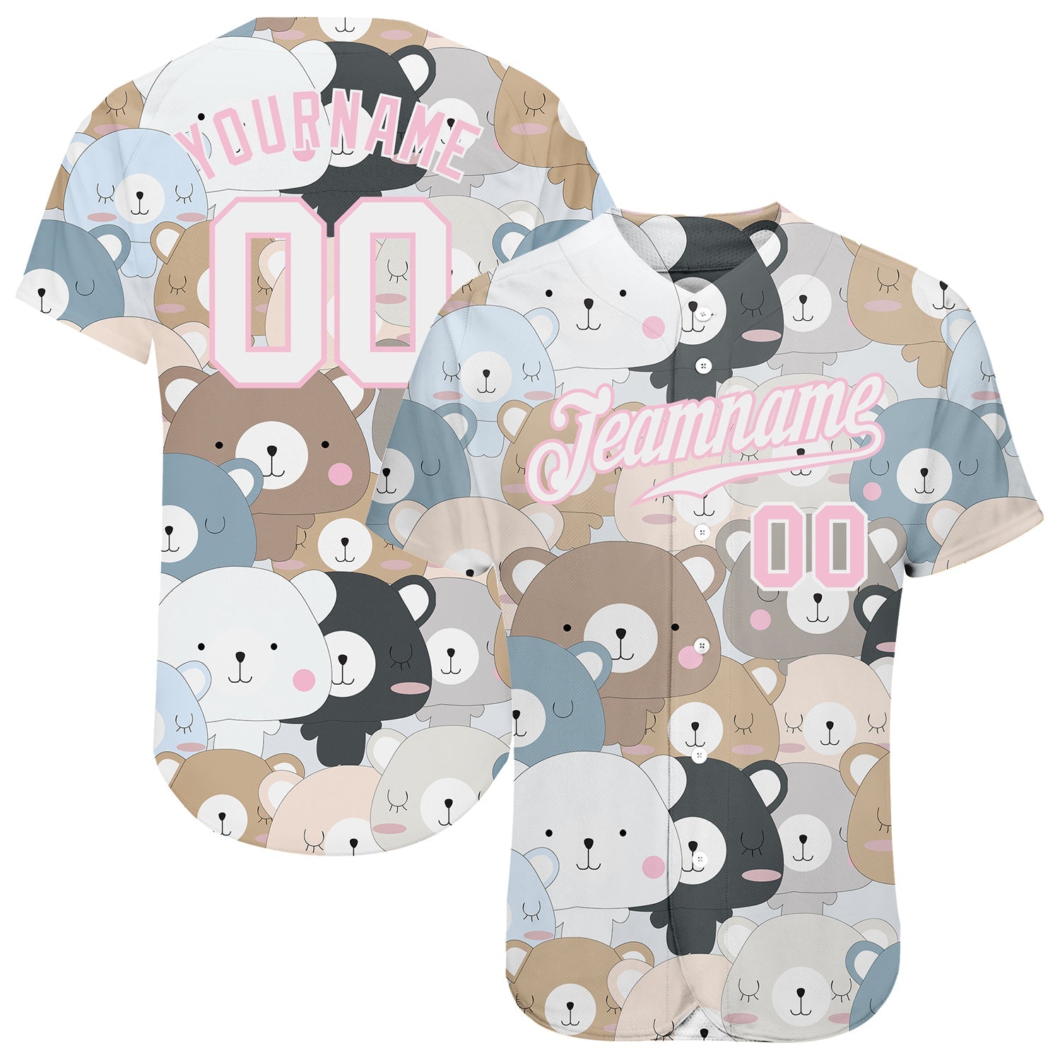 Custom White White-Light Pink 3D Pattern Design Teddy Bears Authentic Baseball Jersey - Main View