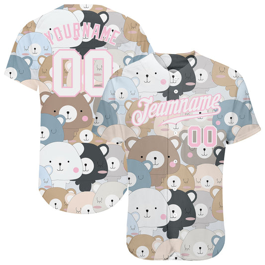 Custom White White-Light Pink 3D Pattern Design Teddy Bears Authentic Baseball Jersey - Main View