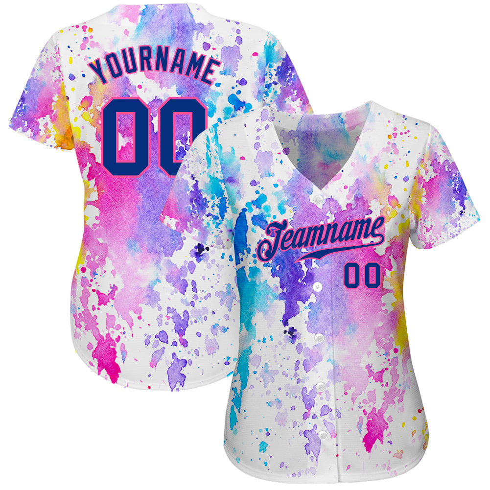 Custom White Royal-Pink 3D Pattern Design Watercolor Authentic Baseball Jersey view 3