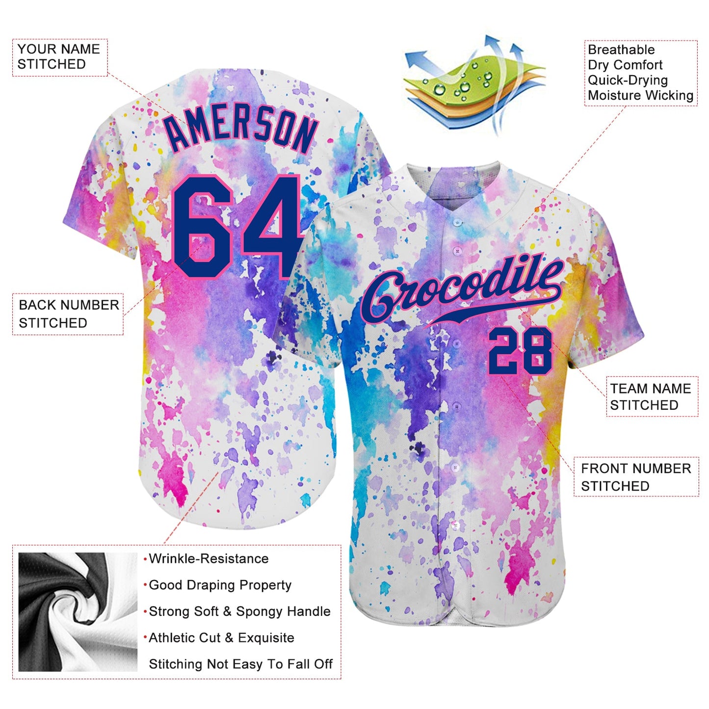 Custom White Royal-Pink 3D Pattern Design Watercolor Authentic Baseball Jersey view 4