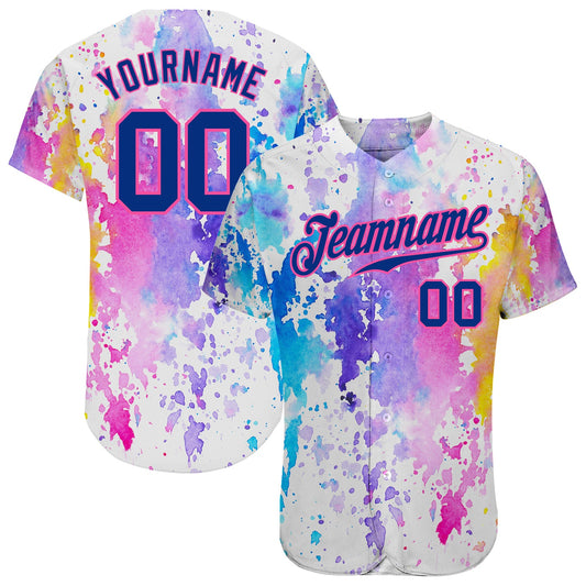 Custom White Royal-Pink 3D Pattern Design Watercolor Authentic Baseball Jersey - Main View