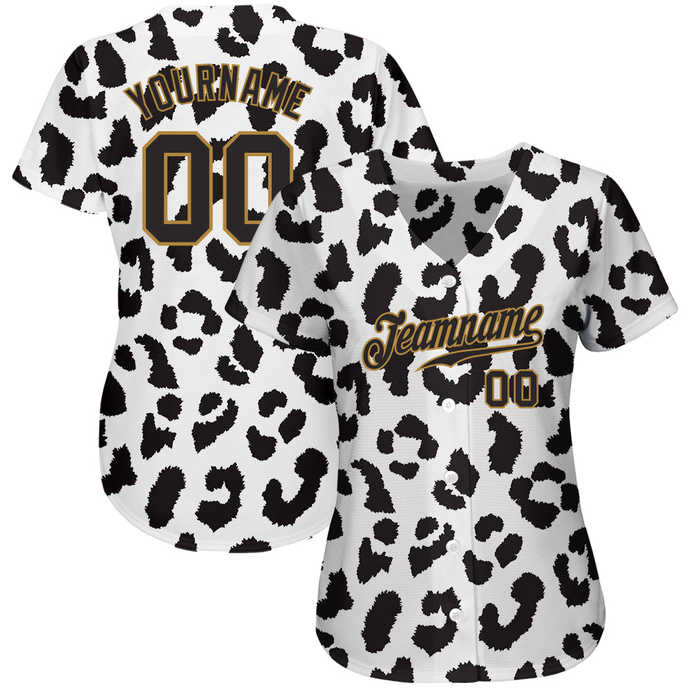 Custom White Black-Old Gold 3D Pattern Design Leopard Authentic Baseball Jersey view 2