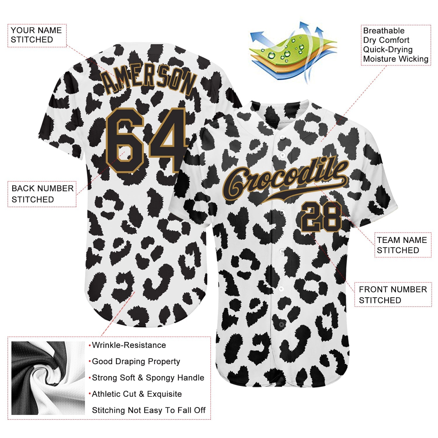 Custom White Black-Old Gold 3D Pattern Design Leopard Authentic Baseball Jersey view 3