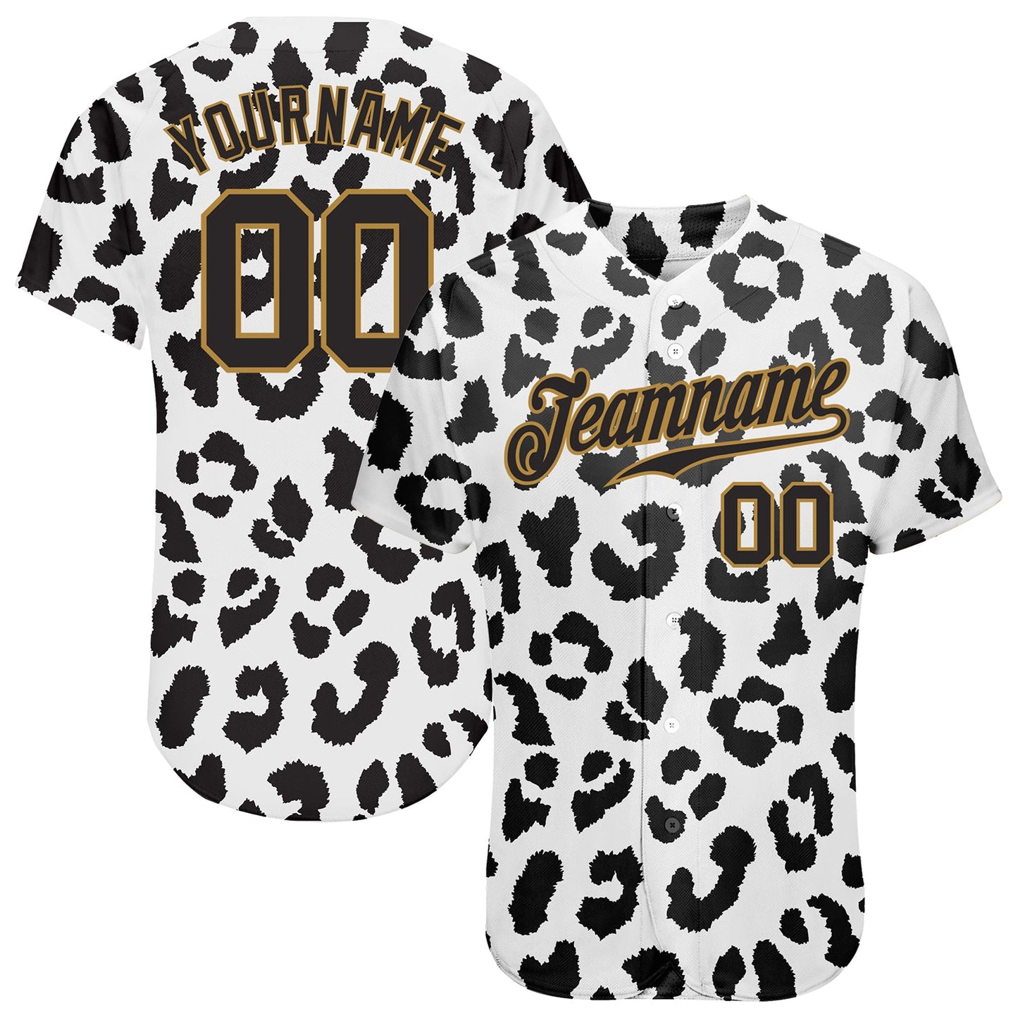 Custom White Black-Old Gold 3D Pattern Design Leopard Authentic Baseball Jersey - Main View