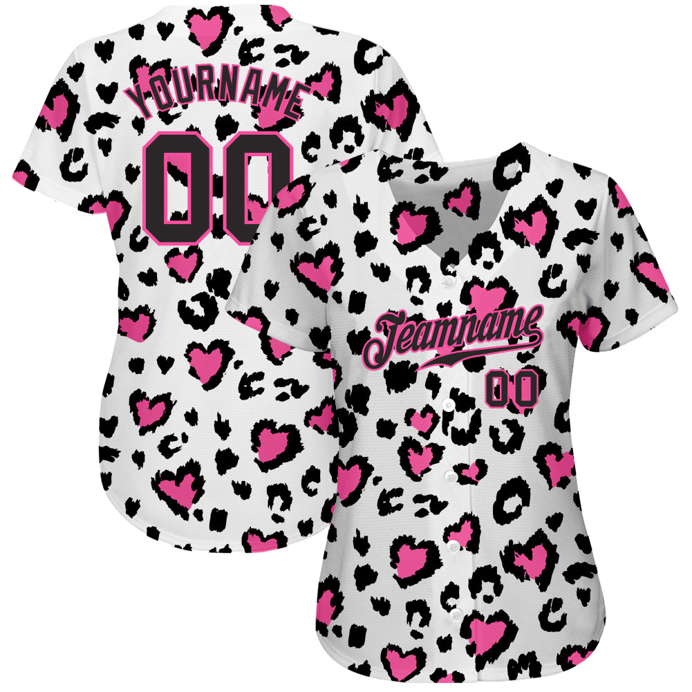 Custom White Black-Pink 3D Pattern Design Leopard Authentic Baseball Jersey view 2