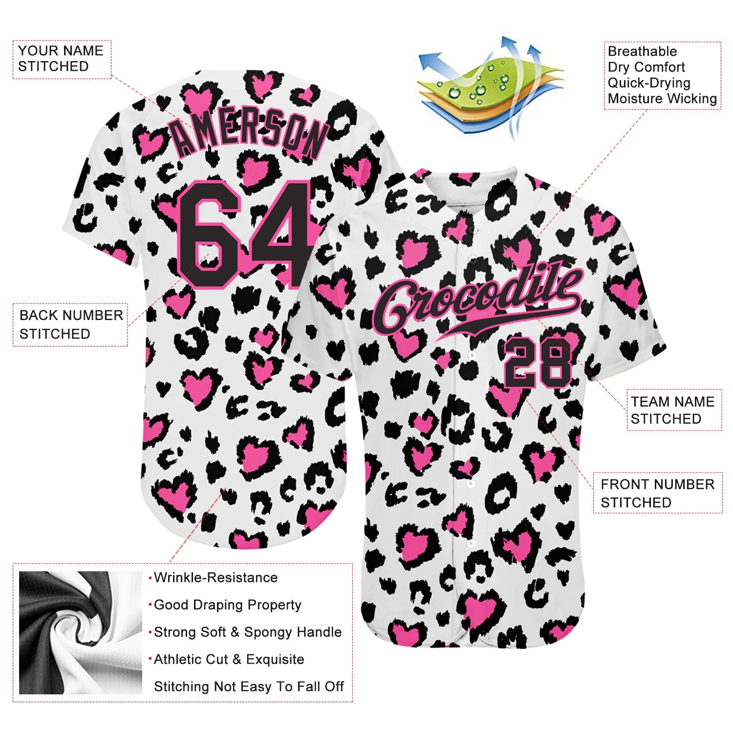 Custom White Black-Pink 3D Pattern Design Leopard Authentic Baseball Jersey view 3