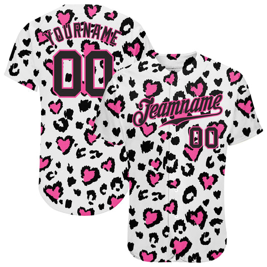 Custom White Black-Pink 3D Pattern Design Leopard Authentic Baseball Jersey - Main View