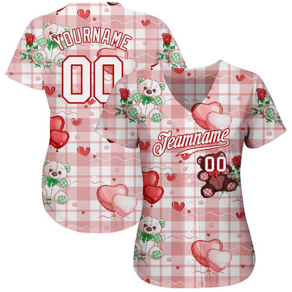 Custom White White-Red 3D Pattern Design Teddy Bears Authentic Baseball Jersey view 2