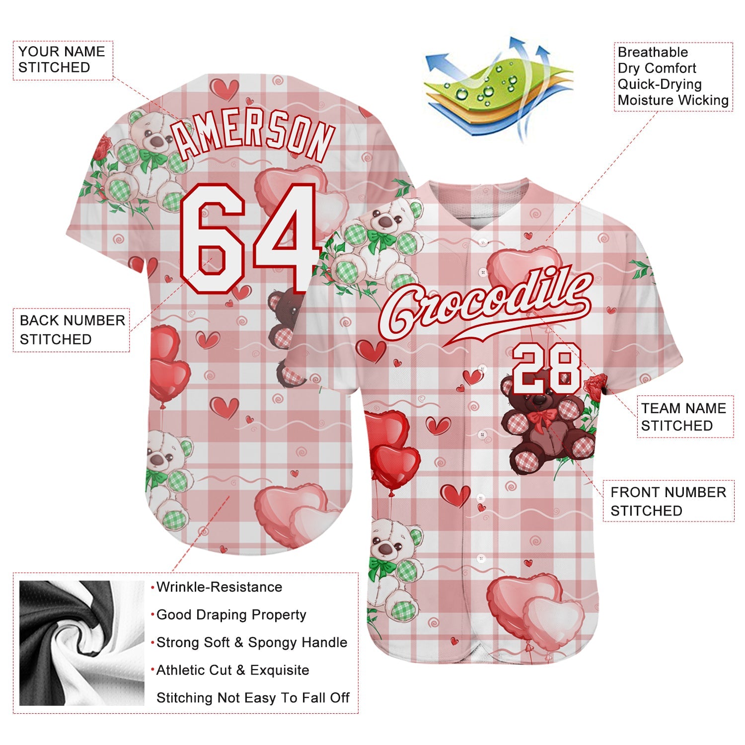 Custom White White-Red 3D Pattern Design Teddy Bears Authentic Baseball Jersey view 3